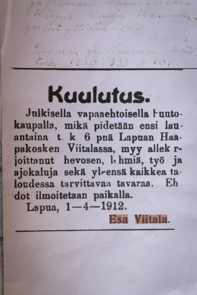 Esa Viitala kuulutus julkisesta vapaaehtoisesta huutokaupasta lehdessä