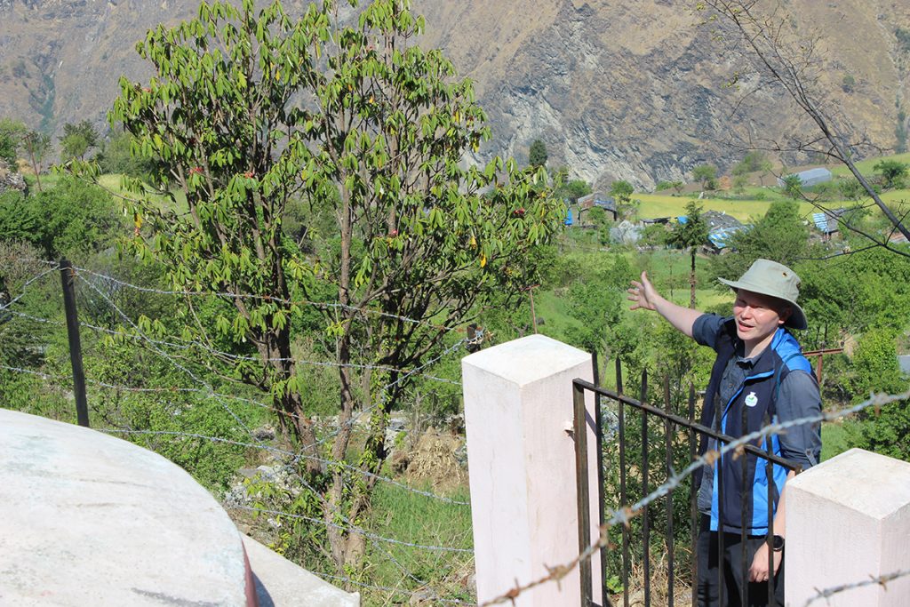 Mies näyttää kädellään alas vihreään laaksoon vuorten välissä